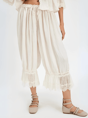 Women's Loose Fit Bloomers Y2K Cropped Pants Drawstring High Waist Floral Lace Patchwork Calf-Length Lantern Trousers, Drestiny, Casual Pants, S, M, L, United States, USA, Canada, Australia, New Zealand, United Kingdom, UK, Beige, Brown, Pink, Black, Rust Red, Green, Dark Pink, boho bloomers. lace bloomers, lace boho bloomers, shopdrestiny.com